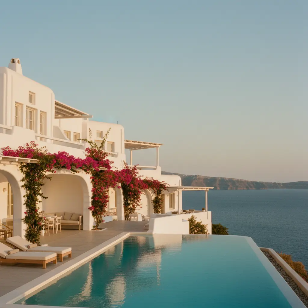 A white Mykonos terrace with bougainvillea above the sea