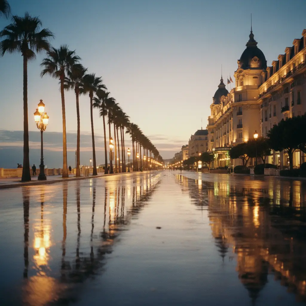The Croisette in Cannes at dusk, lamps reflected on a wet promenade beside a grand hotel
